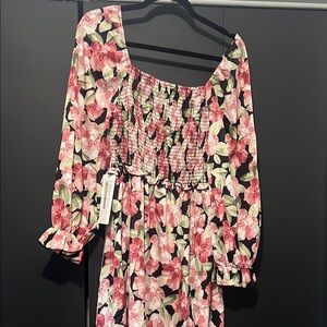 JJs House Pink Floral Midi Dress with Bishop Sleeves